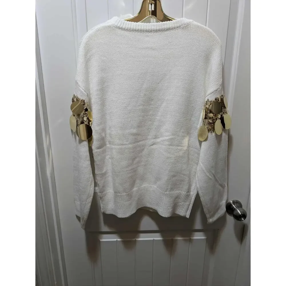 Women's L Luxurious Stylish White Gold Sequin Detailed Long Sleeve Sweater Top